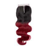 Load image into Gallery viewer, Morketic Body Wave Closure Black Roots Burgundy Ombre Color Hair 4x4 Swiss Lace Closure With Baby Hair Remy Human Hair