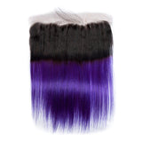 Load image into Gallery viewer, Morketic Black Roots Purple Ombre Color Hair HD Transparent 13x4 Straight Lace Frontal Closure Pre Plucked With Baby Hair Remy Human Hair