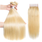 Load image into Gallery viewer, Morketic Malaysian Straight Hair 3 Bundles With Closure 613 Blonde Human Hair Bundles With Closure