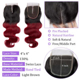 Load image into Gallery viewer, Morketic Body Wave Closure Black Roots Burgundy Ombre Color Hair 4x4 Swiss Lace Closure With Baby Hair Remy Human Hair