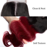 Load image into Gallery viewer, Morketic Body Wave Closure Black Roots Burgundy Ombre Color Hair 4x4 Swiss Lace Closure With Baby Hair Remy Human Hair