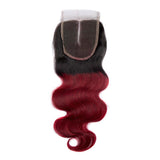 Load image into Gallery viewer, Morketic Body Wave Closure Black Roots Burgundy Ombre Color Hair 4x4 Swiss Lace Closure With Baby Hair Remy Human Hair